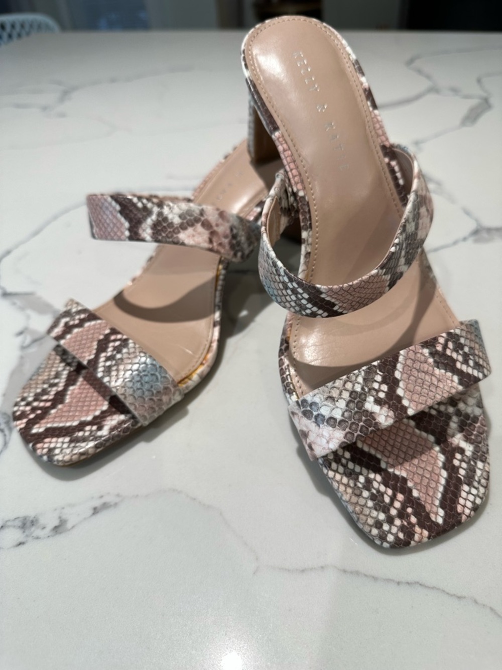 Kelly & Katie Pink Snake-Print Double Strap Block Heels
